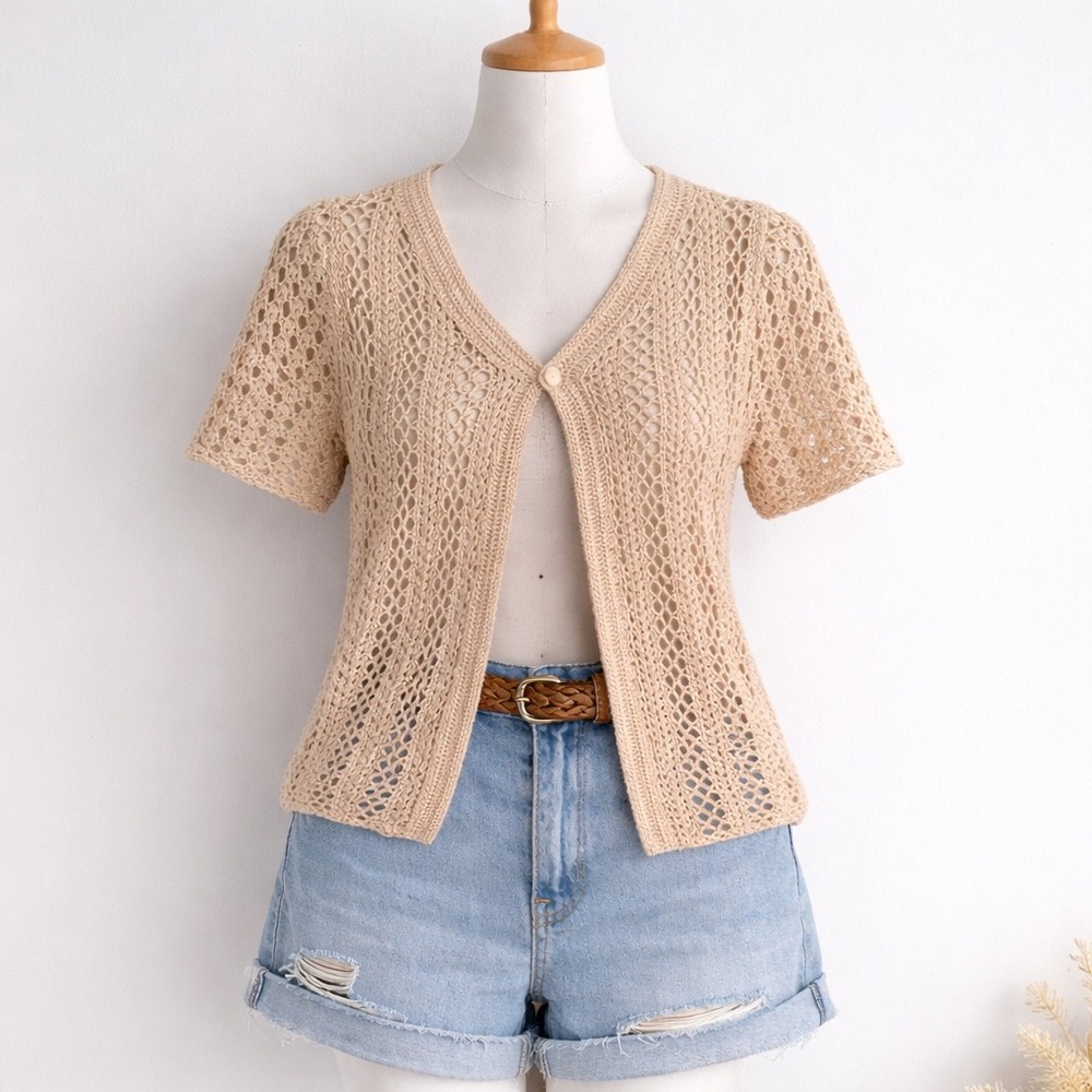 Vtg Southern Lady Crochet Cardigan Small Tan Short‎ Sleeve Cottage Festival Boho